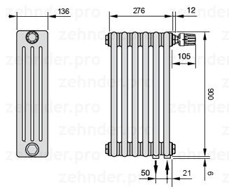Схема (чертеж) Радиатор Zehnder Charleston 4090/6 №V002 Белый глянцевый RAL 9016